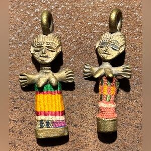 Two Rare Vintage African Ashanti brass fertility doll pendants